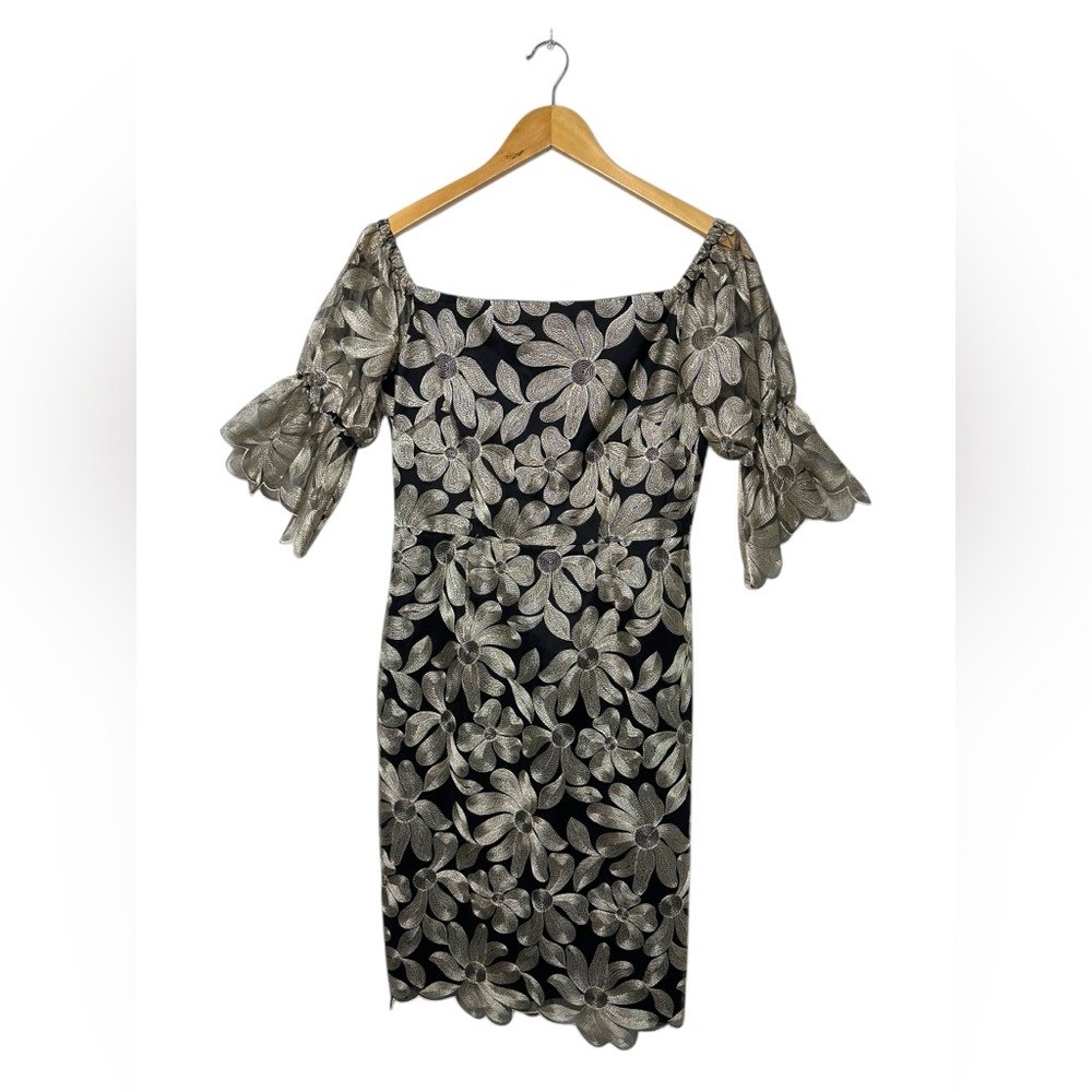 Trina Turk Semillon Floral Metallic Off Shoulder Bell Sleeves Cocktail Dress 6